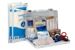 Open first aid kit with medical supplies shown
